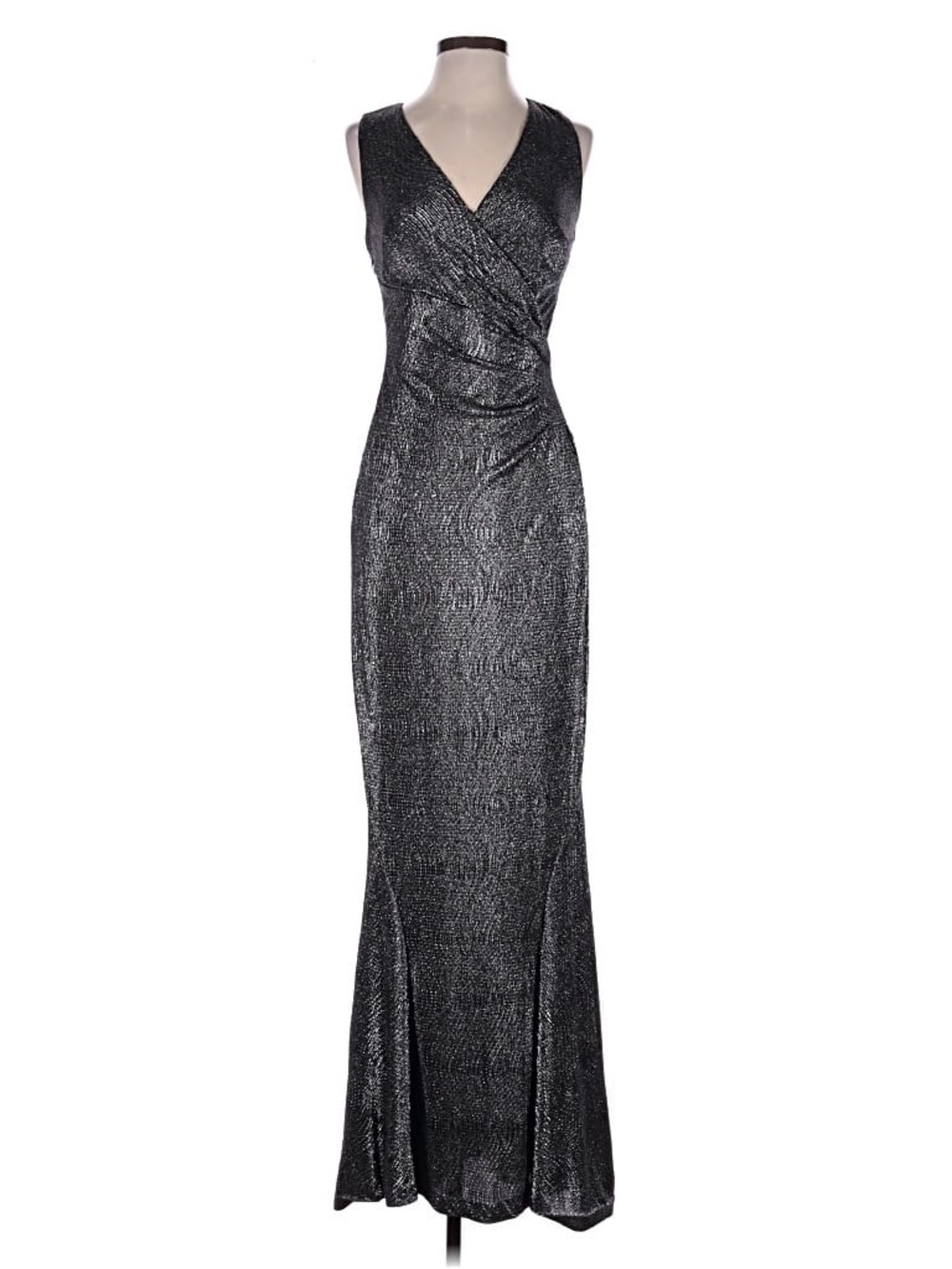 Lauren Ralph Lauren Black Shimmer Faux-Wrap Maxi Dress with Side Slit 6 ruched - Picture 2 of 11